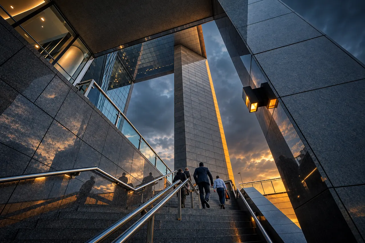 Personas subiendo la escalera de un edificio corporativo al atardecer
